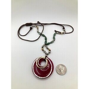 Boho Chic Corded Mixed Metal & Burgundy Stone Circle Pendant Beaded Necklace 32"